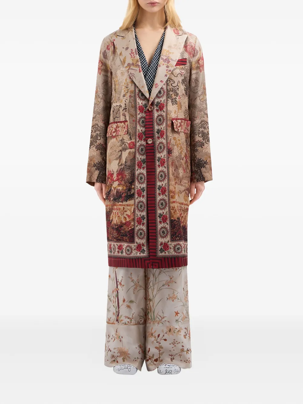 Pierre-Louis Mascia Jas met enkele rij knopen en print Beige