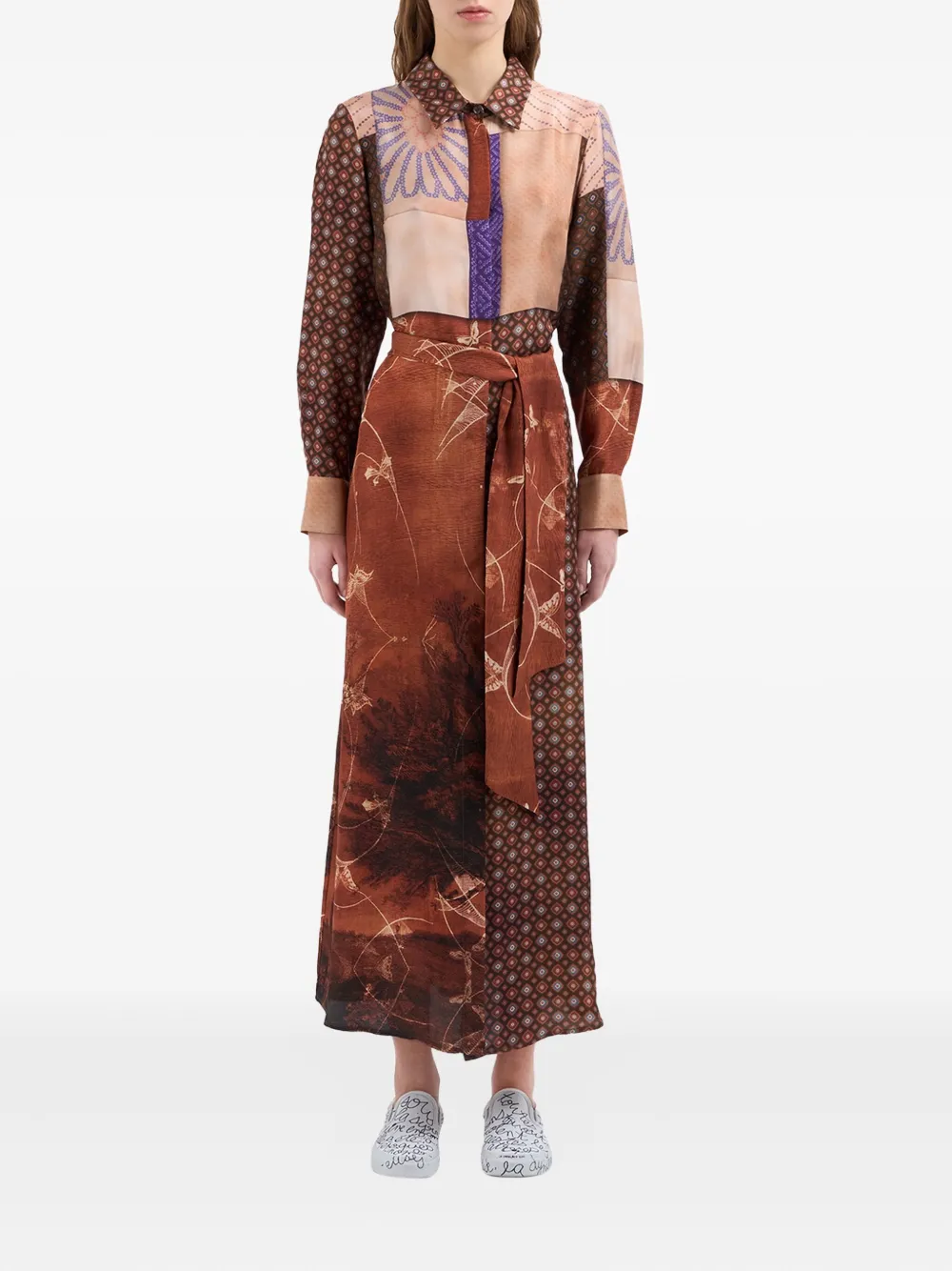 Pierre-Louis Mascia Aloe jurk met patchwork en ceintuur Bruin
