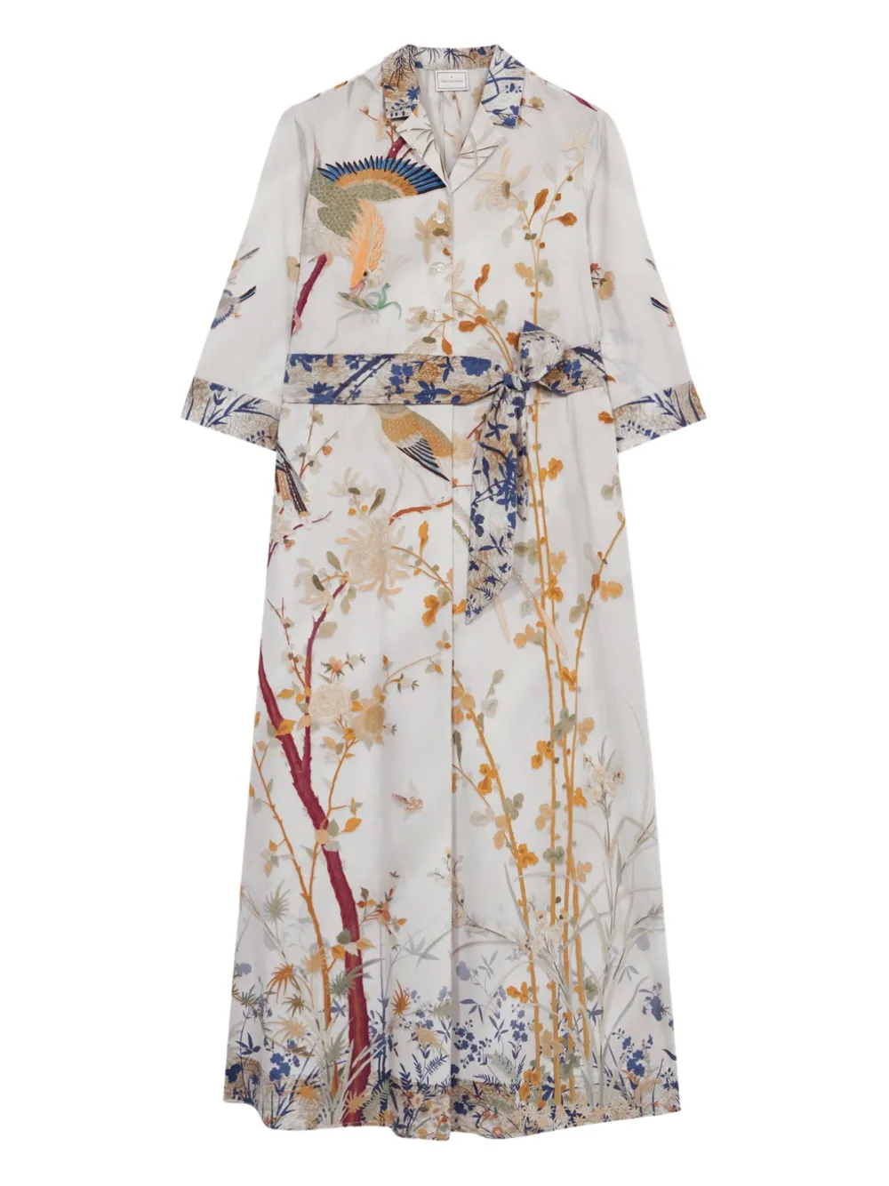 Pierre-Louis Mascia Diomedes blousejurk met vogelprint en ceintuur Beige