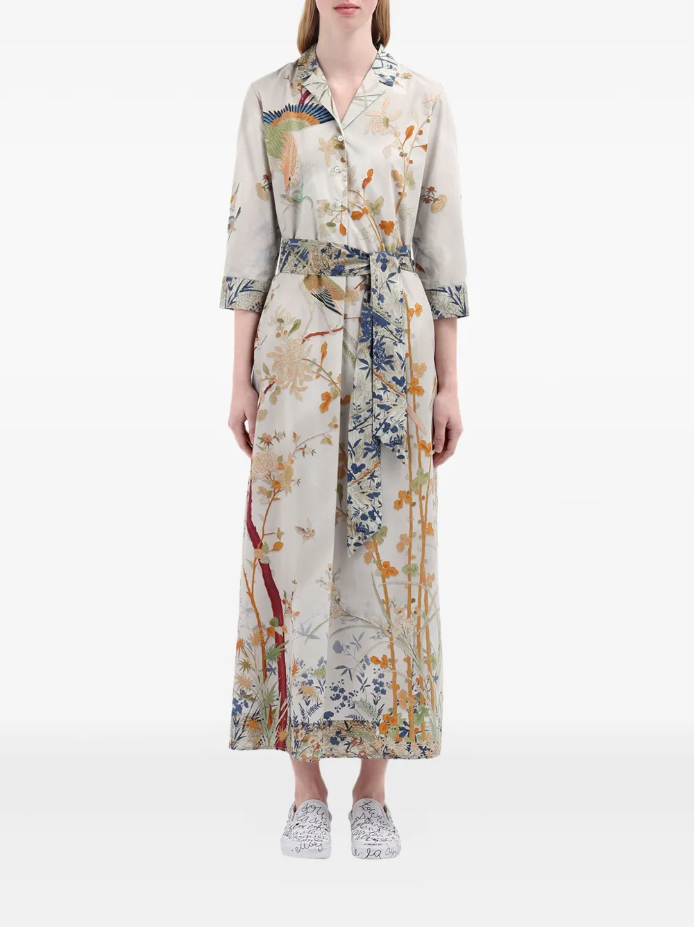 Pierre-Louis Mascia Diomedes blousejurk met vogelprint en ceintuur Beige