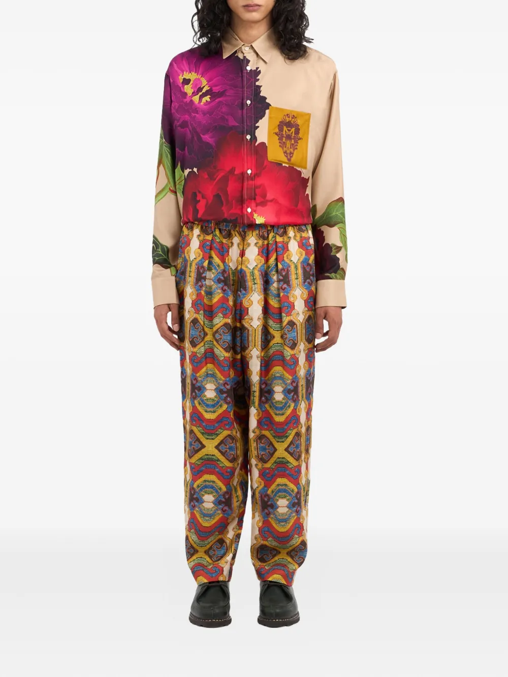 Pierre-Louis Mascia Fancy geometric-pattern silk trousers Geel