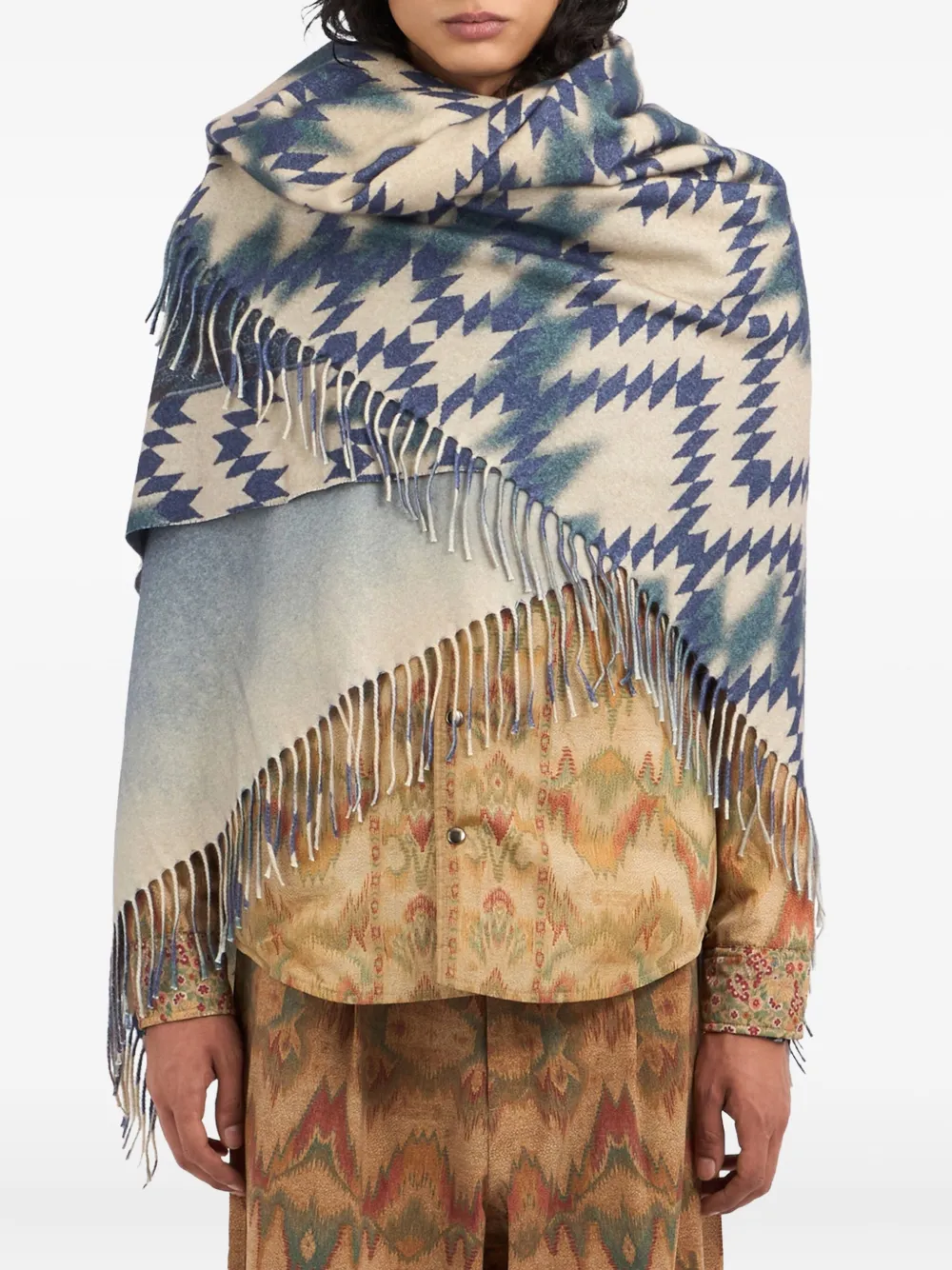 Pierre-Louis Mascia geometric-pattern fringed scarf Blauw