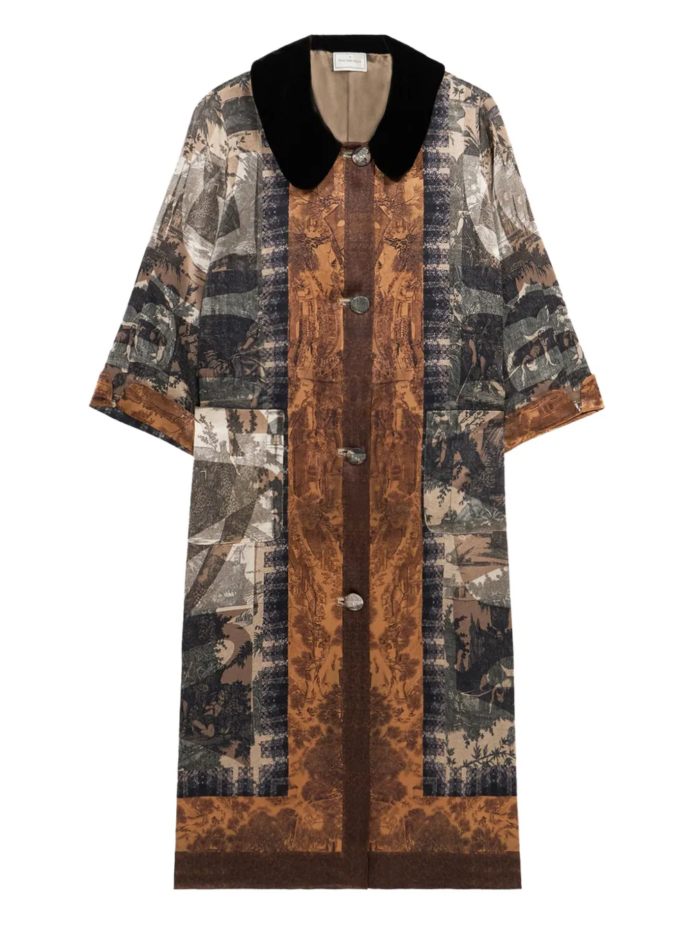 Pierre-Louis Mascia printed velvet-collared coat Beige