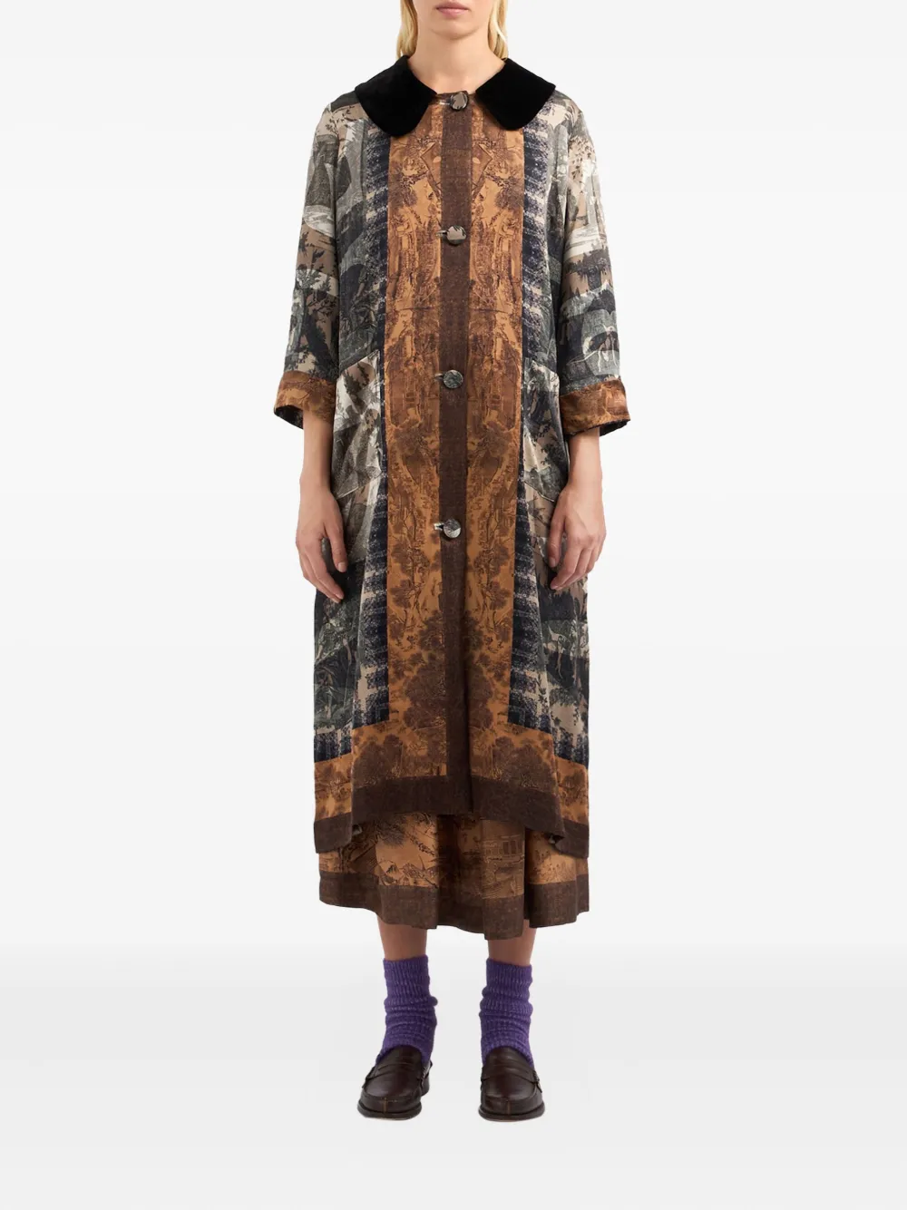 Pierre-Louis Mascia printed velvet-collared coat Beige