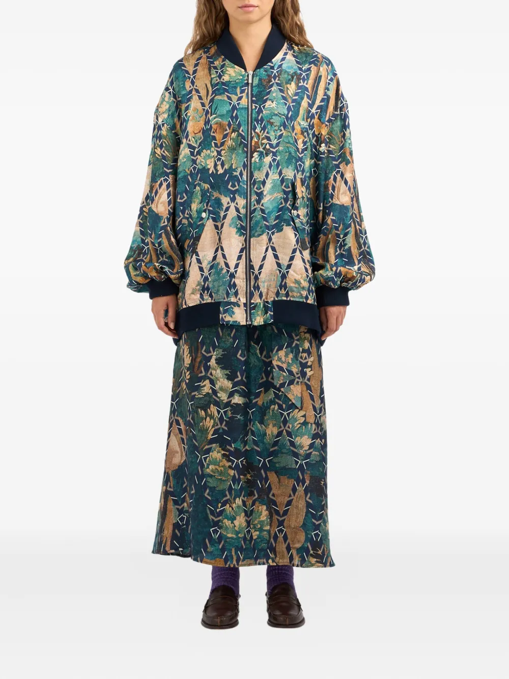 Pierre-Louis Mascia Falson bomberjack met ballonmouwen en tapijt design Blauw