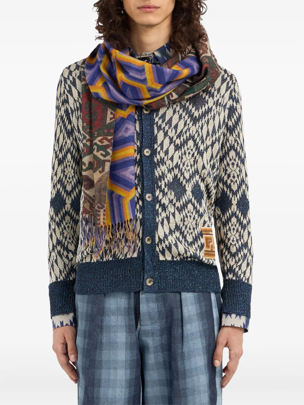 Pierre-Louis Mascia geometric-patter fringed-hem scarf Rood