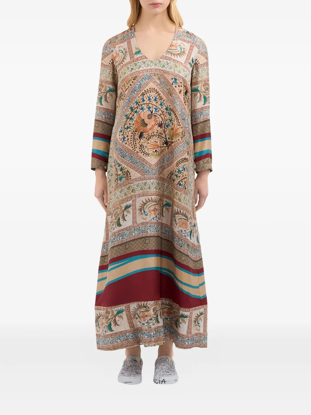 Pierre-Louis Mascia Aloe maxi-jurk met patroon en lange mouwen Beige