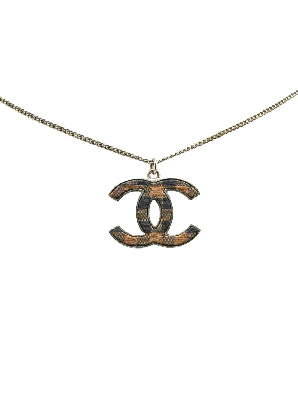CHANEL Pre-Owned 2011 Silver Checkered CC Pendant Necklace costume CHANEL Pre-Owned 2011 Silver Checkered CC Pendant Necklace costume