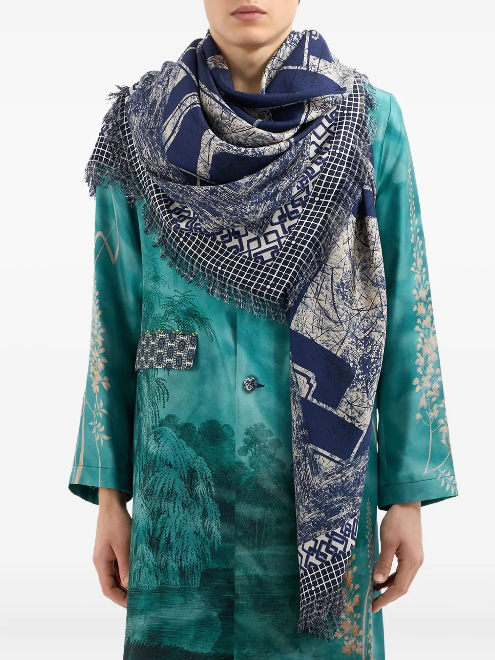 Pierre-Louis Mascia Aloeuw sjaal met geometrisch patroon en franje Blauw