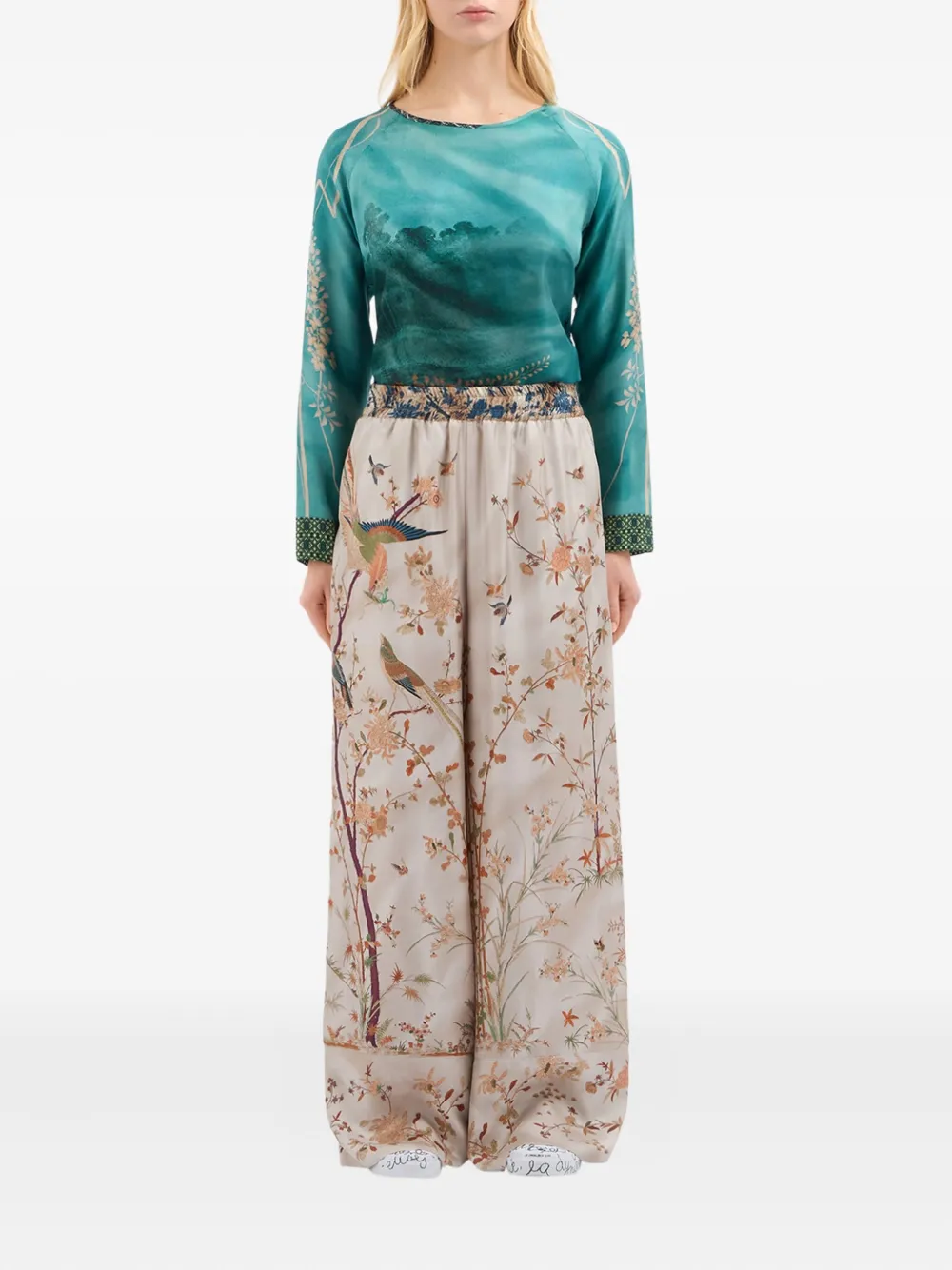 Pierre-Louis Mascia Broek met elastische taille en vogelprint Beige