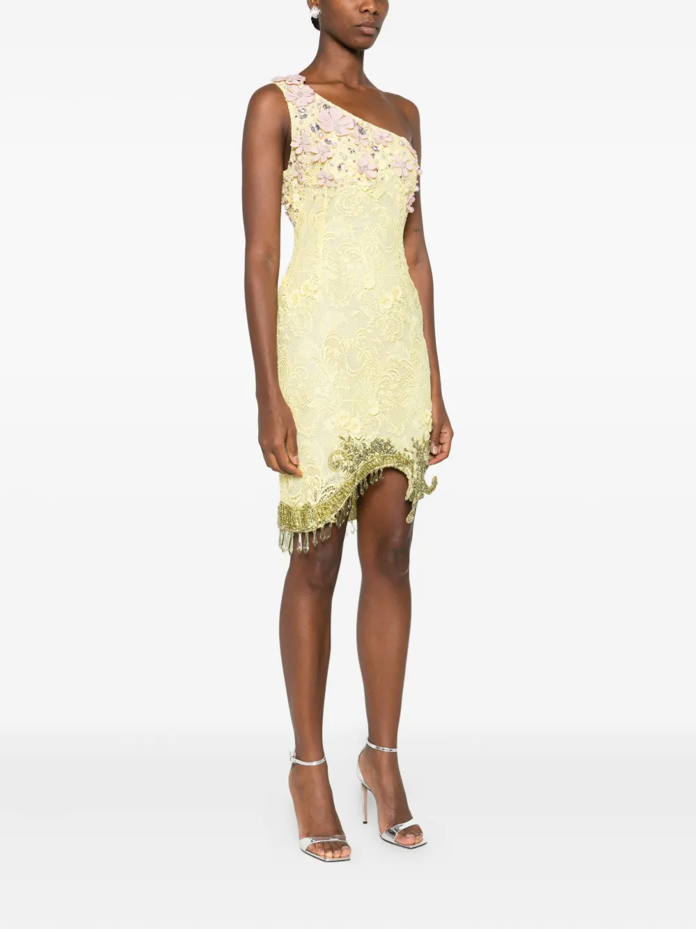 Georges Hobeika Floral-embellished One-shoulder Mini Dress In Yellow