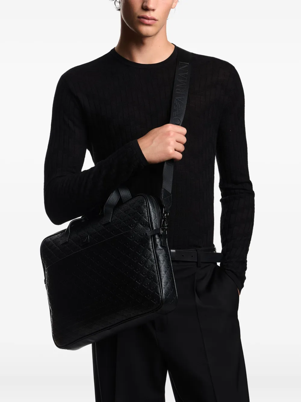 Emporio Armani Leren aktetas met adelaarpatroon - Zwart