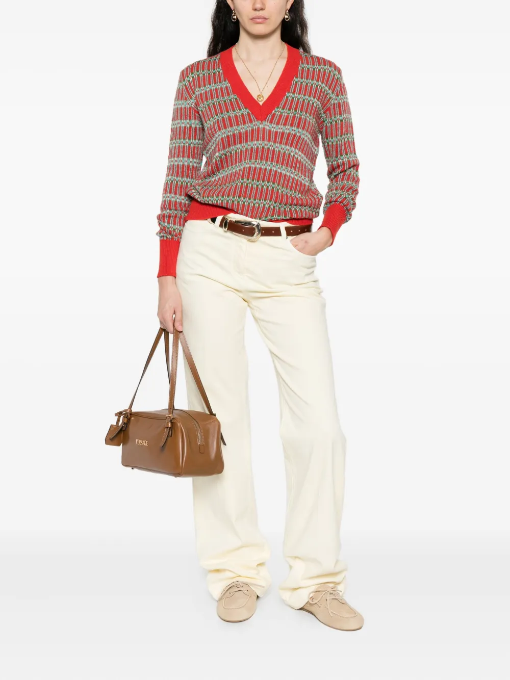 ETRO geometric-pattern V-neck sweater Rood