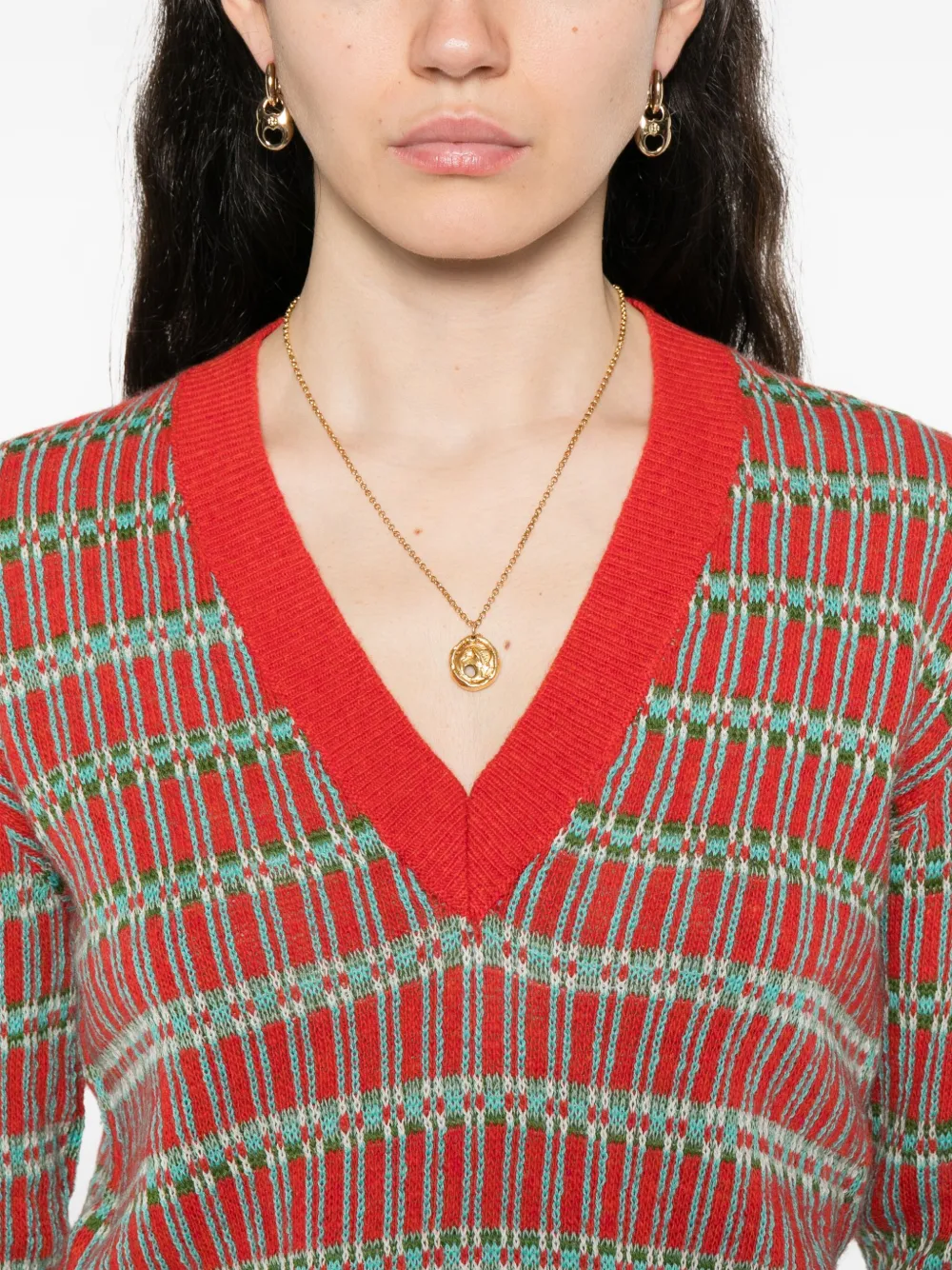 ETRO geometric-pattern V-neck sweater Rood
