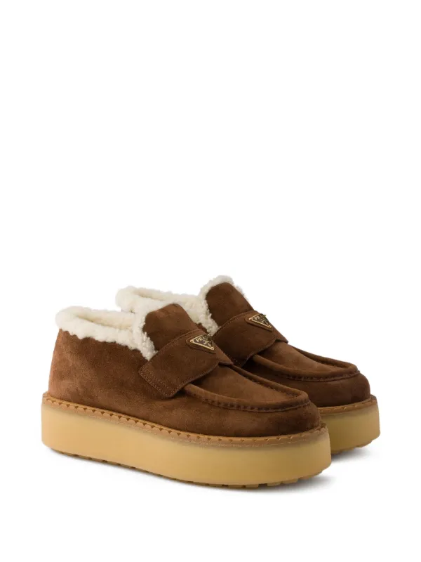 Prada shearling-trimmed Platform Loafers | Brown | FARFETCH