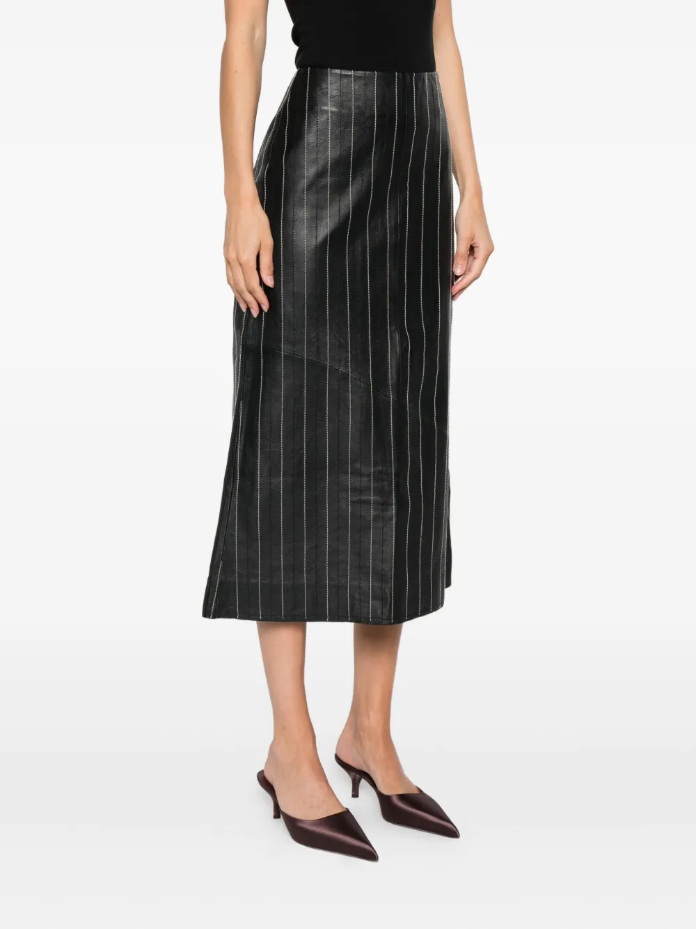 Victoria Beckham Leren midi-rok met krijtstreep Zwart