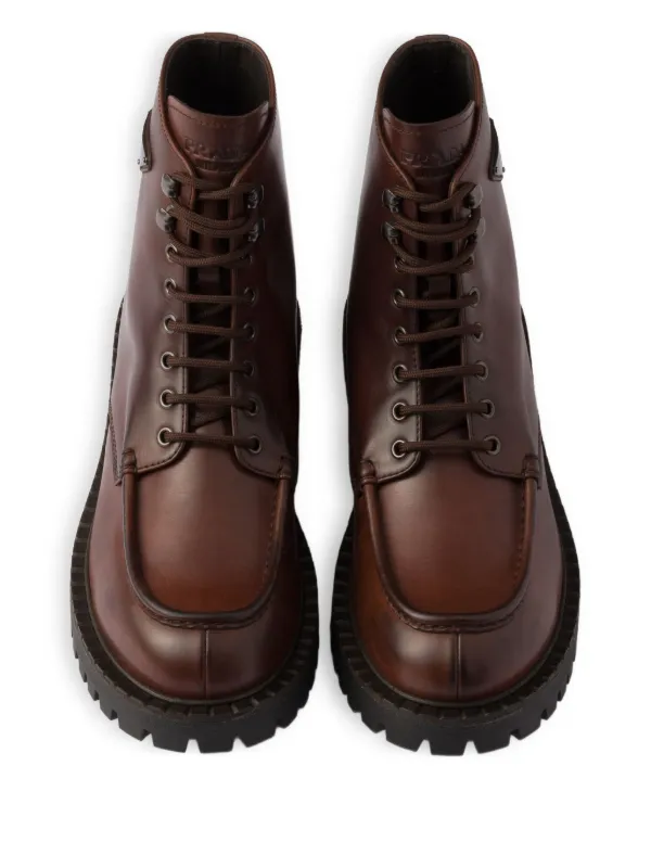 Prada Laced Leather Booties | Brown | FARFETCH