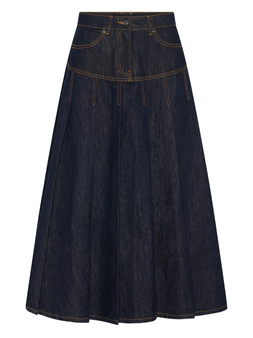 pleated denim skirt