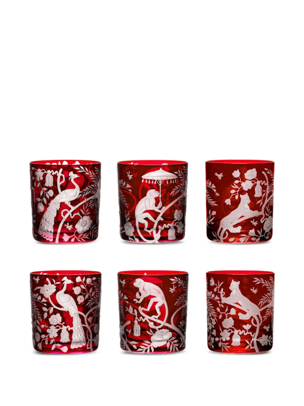 Artel Chinoiserie Monkey Etched Glass Tumblers (set Of Six) In Red