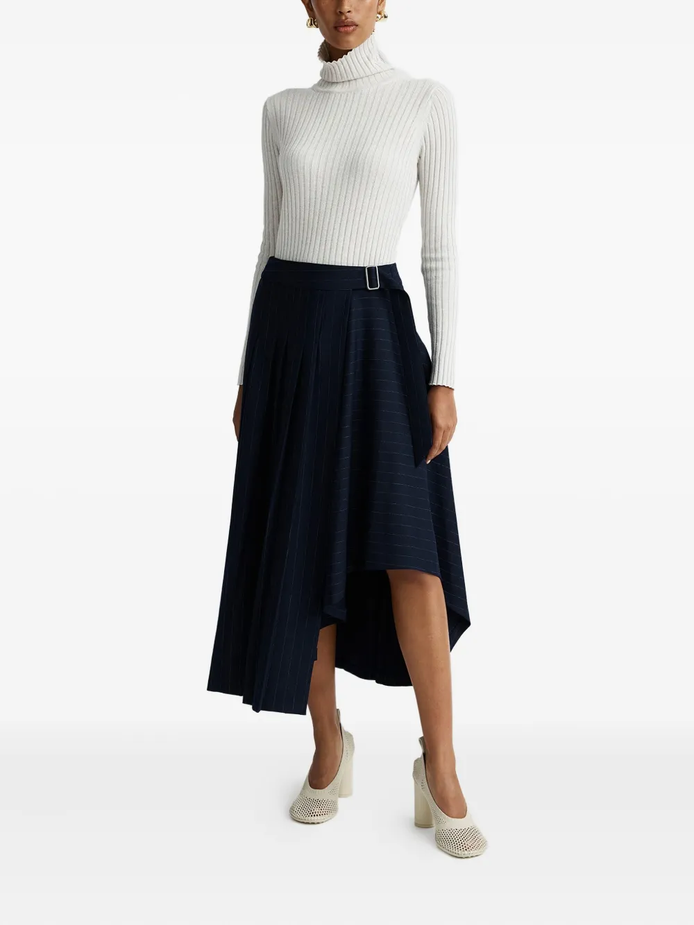 Anna Quan Chalk Stripe Pleated Wrap Midi Skirt In Blue