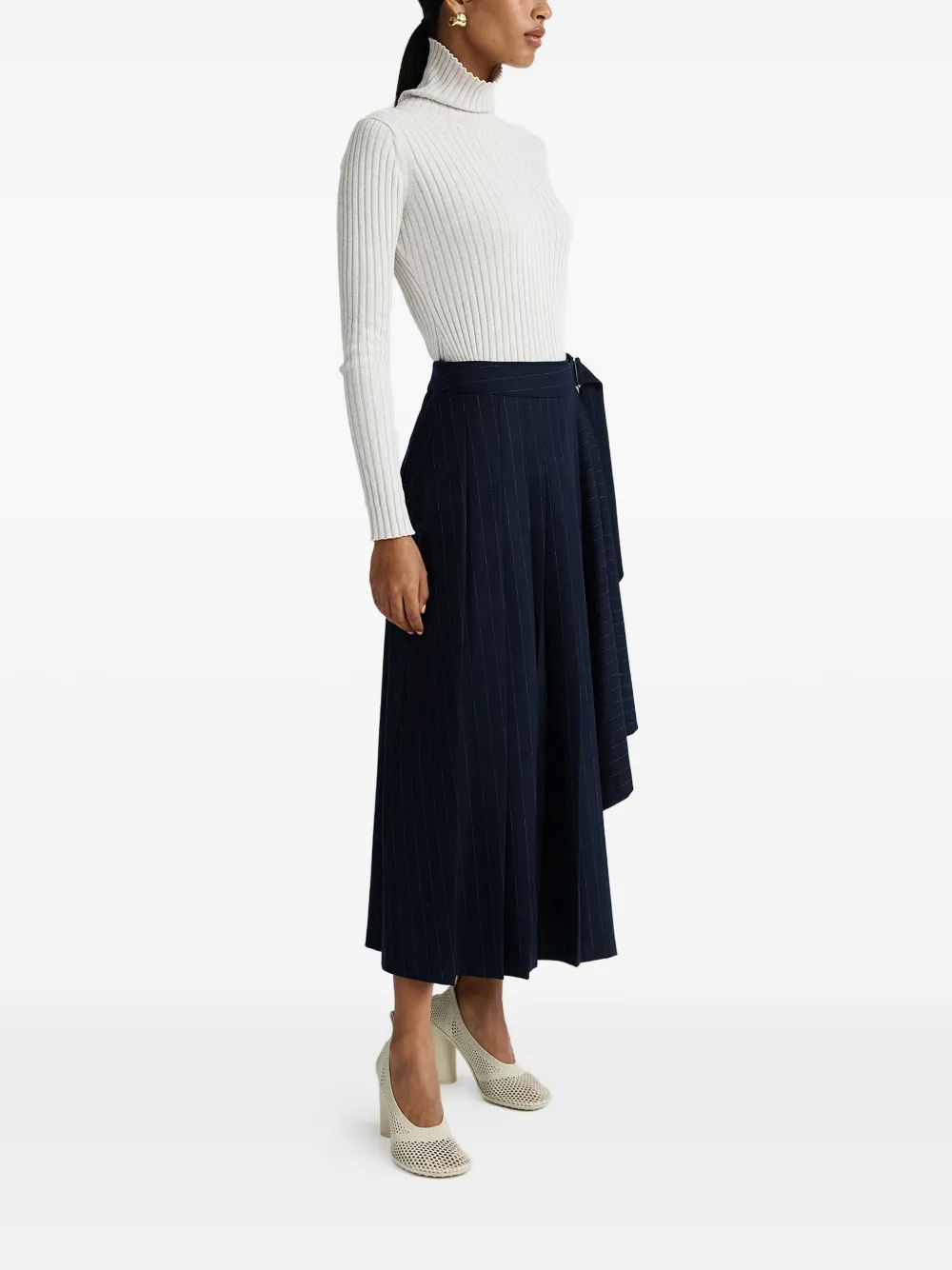 Anna Quan Chalk Stripe Pleated Wrap Midi Skirt In Blue