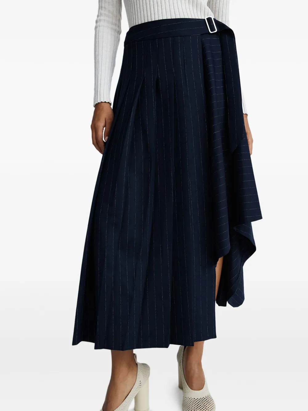 Anna Quan Chalk Stripe Pleated Wrap Midi Skirt In Blue