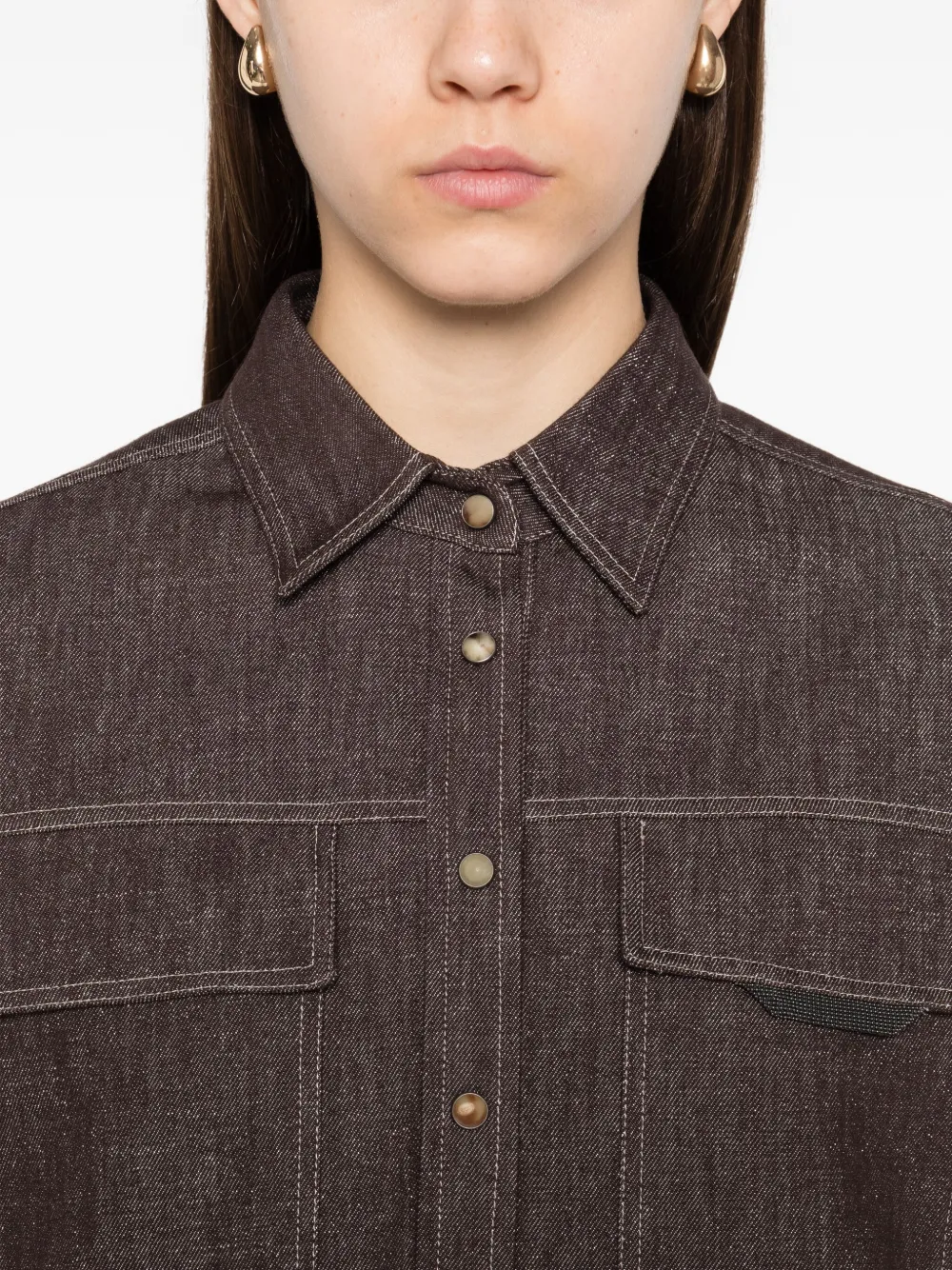 Brunello Cucinelli Denim blouse met dubbele zak Bruin