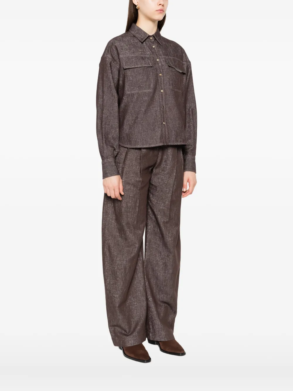 Brunello Cucinelli Denim blouse met dubbele zak Bruin