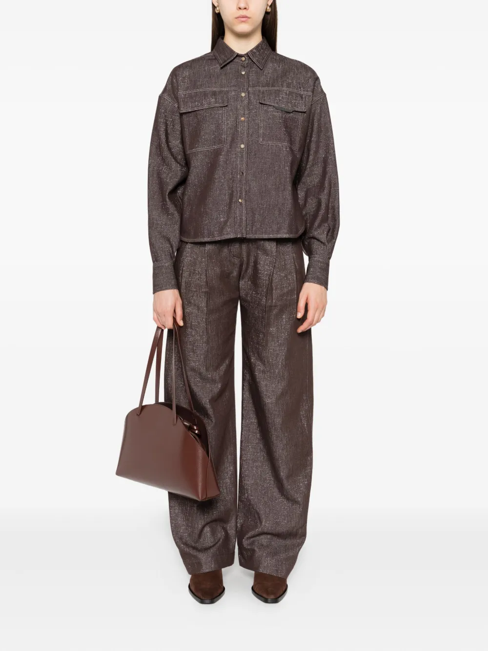 Brunello Cucinelli Denim blouse met dubbele zak Bruin