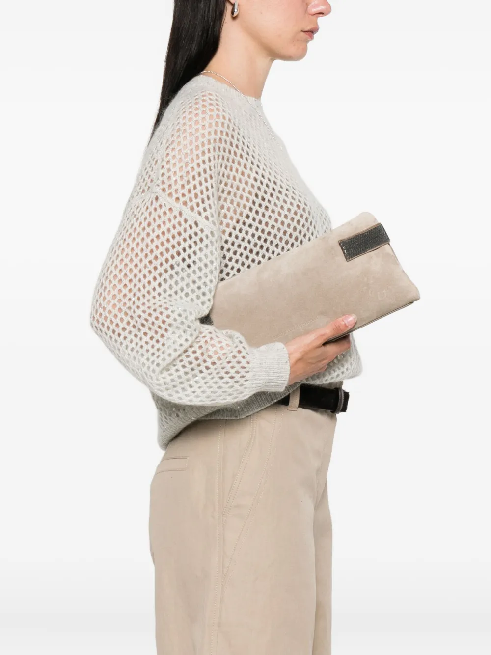 Brunello Cucinelli Suède clutch met moniliketting Grijs