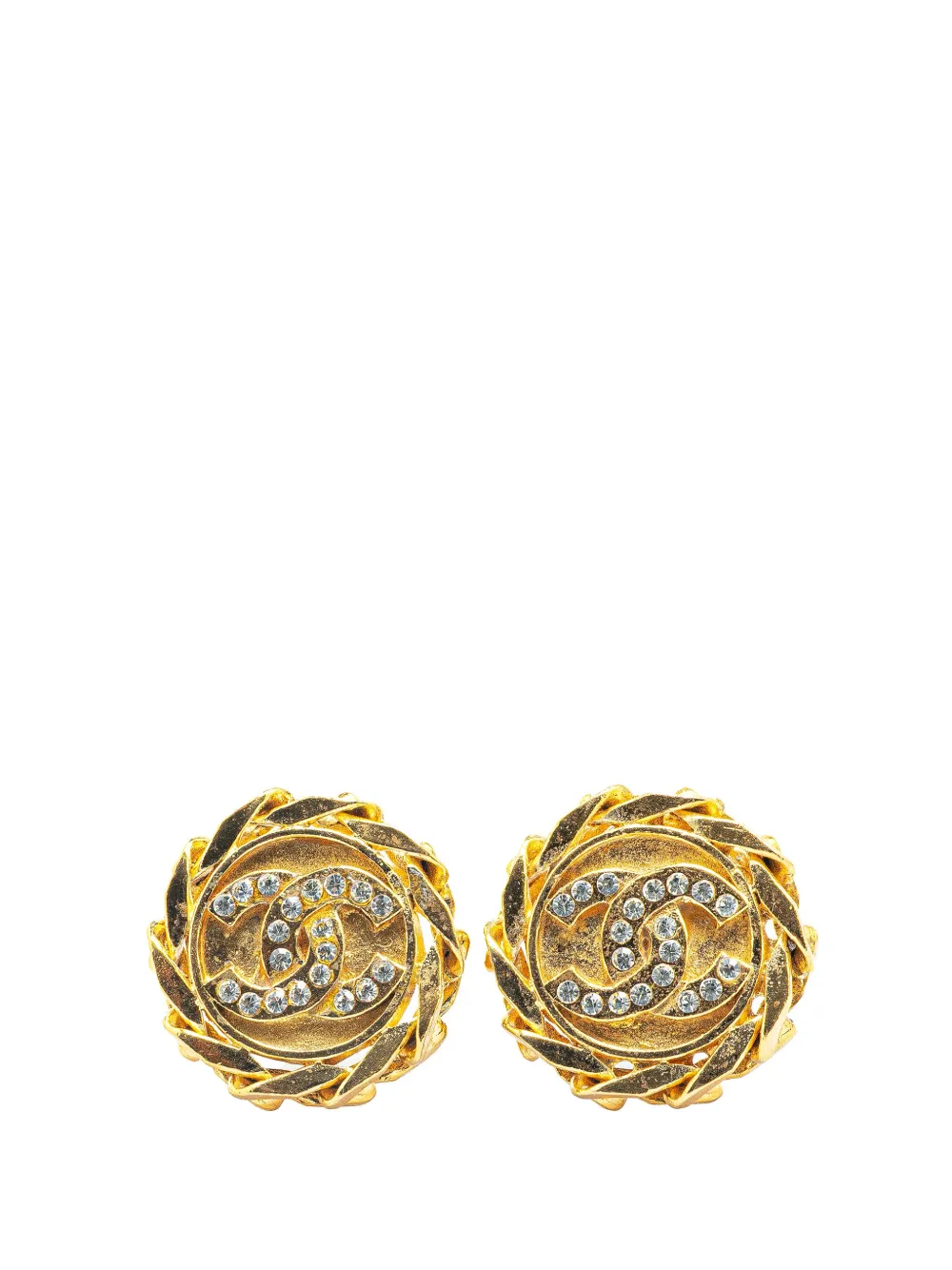 CHANEL Pre-Owned 1980-1990 Gold Plated CC Crystal Clip On Earrings CHANEL Pre-Owned 1980-1990 Gold Plated CC Crystal Clip On Earrings