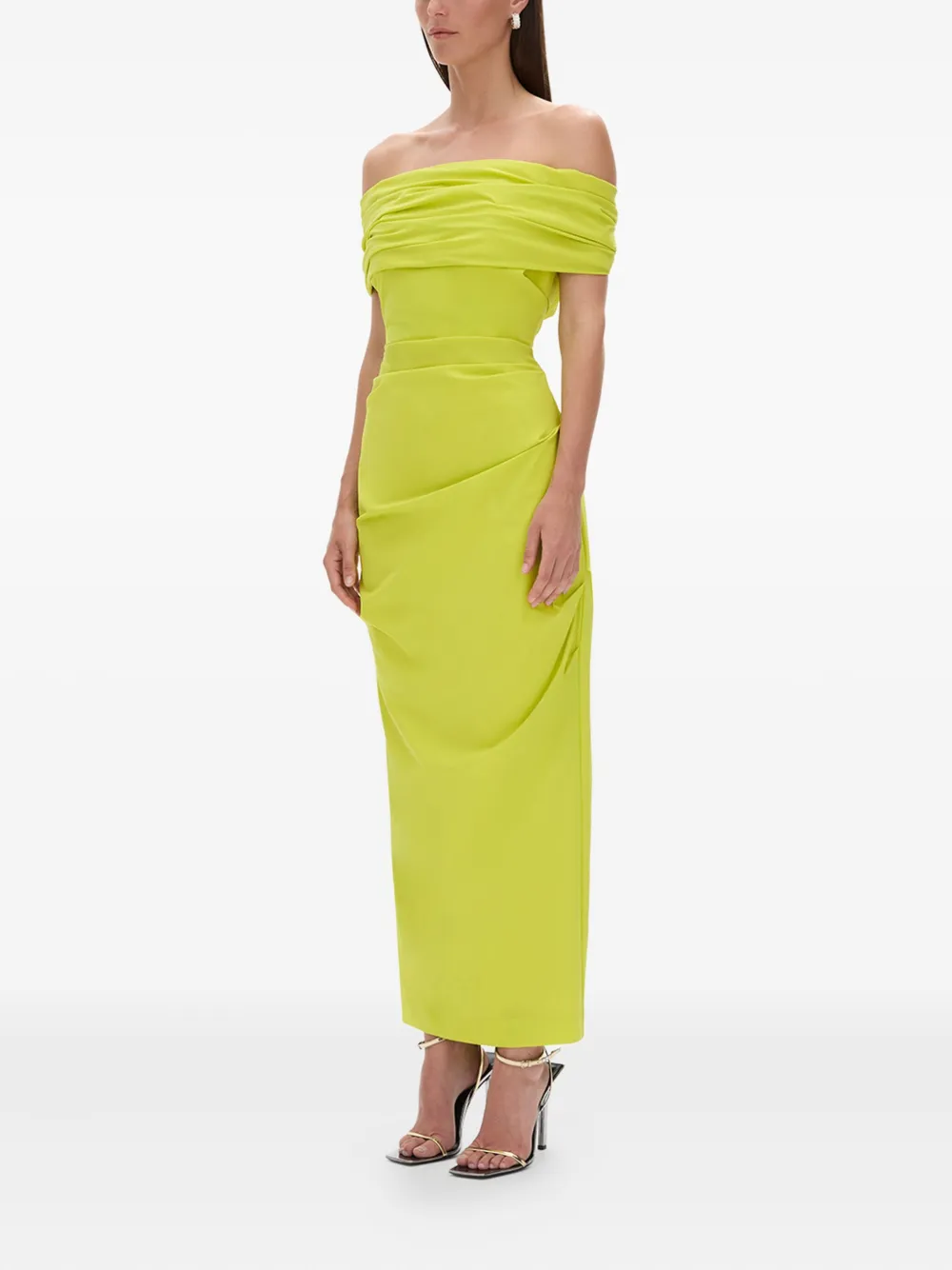 Rachel Gilbert Camille off-shoulder gedrapeerde maxi-jurk Groen