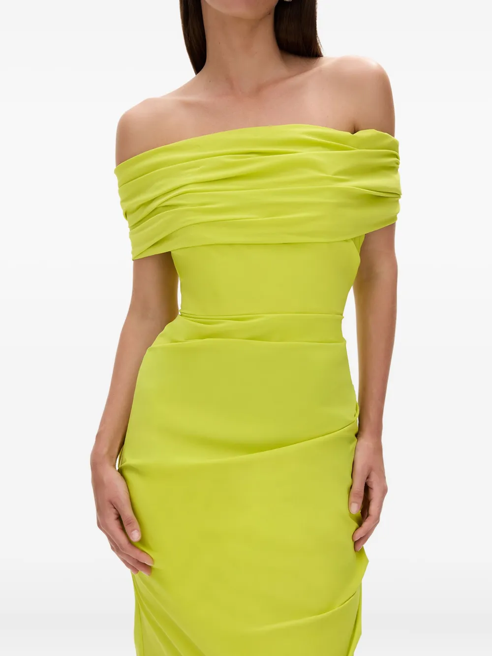 Rachel Gilbert Camille off-shoulder gedrapeerde maxi-jurk Groen