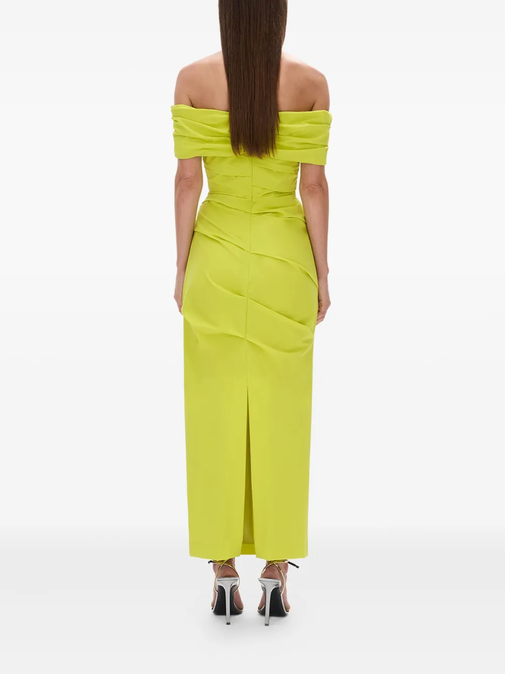Rachel Gilbert Camille off-shoulder gedrapeerde maxi-jurk Groen