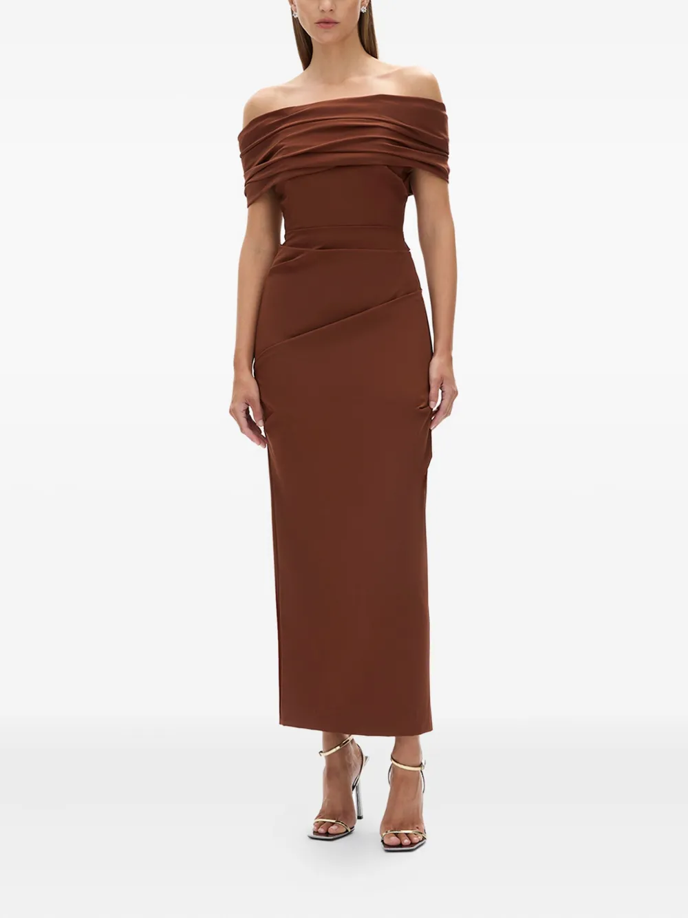 Rachel Gilbert Camille gedrapeerde off-shoulder maxi-jurk - Bruin