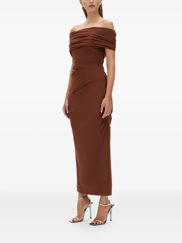 brown off shoulder midi dress Brown Off Shoulder Fitted Maternity Midi Dress – PinkBlush