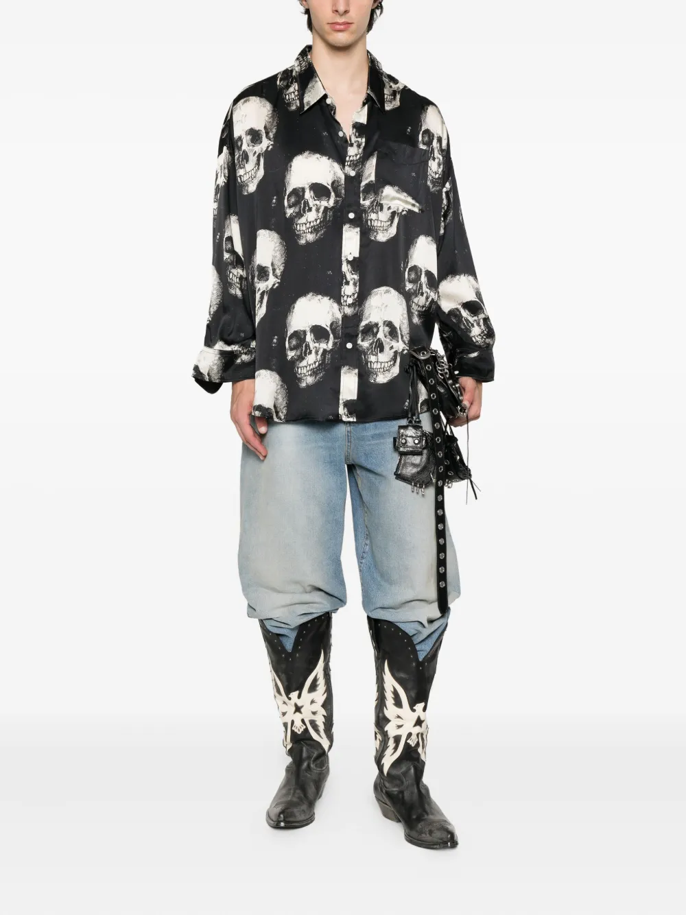 R13 skull-print silk shirt Zwart