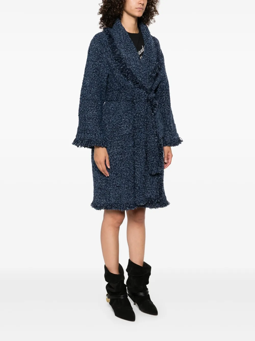 Charlott Bouclé jas met franje Blauw