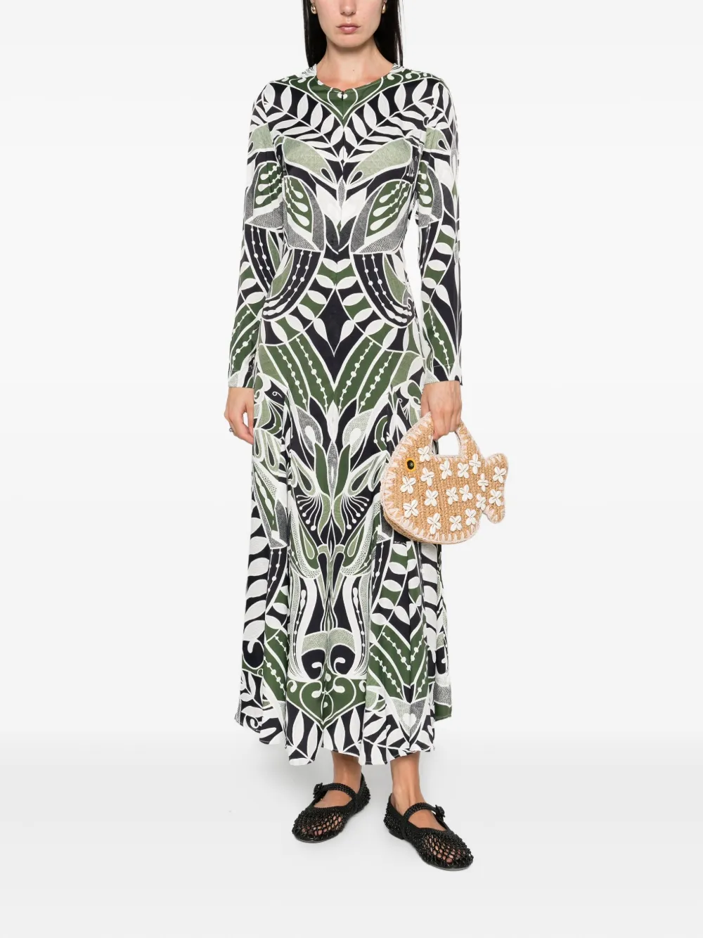 FARM Rio Lace Nature jurk met lange mouwen - Zwart