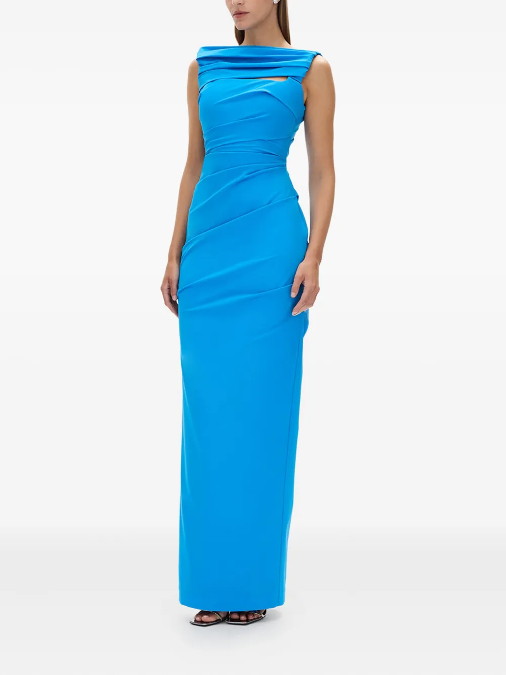 Rachel Gilbert Camille gedrapeerde avondjurk met col Blauw