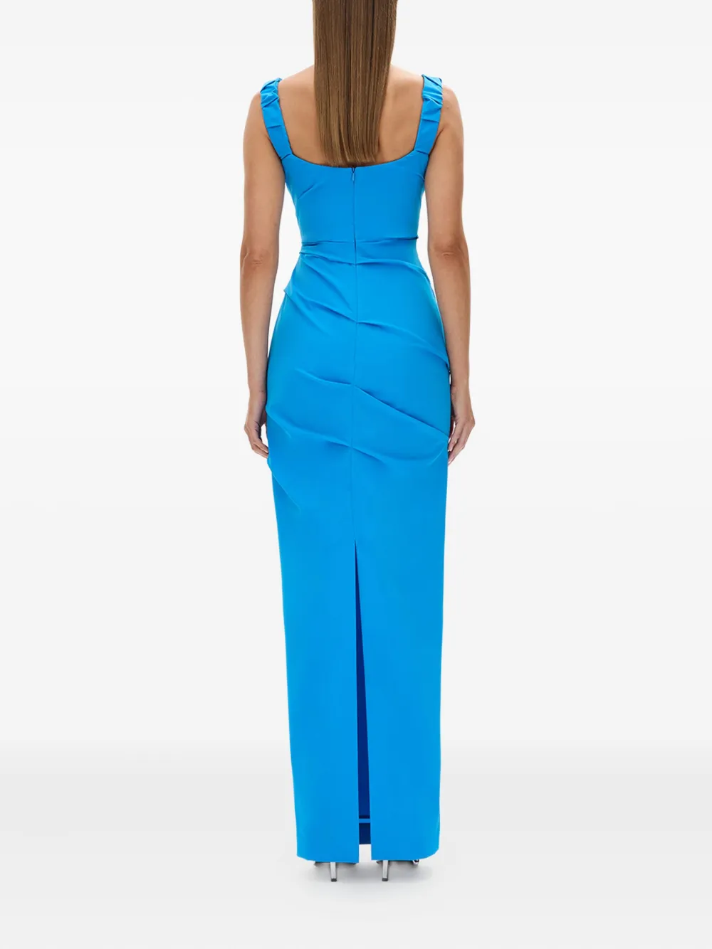 Rachel Gilbert Camille gedrapeerde avondjurk met col Blauw