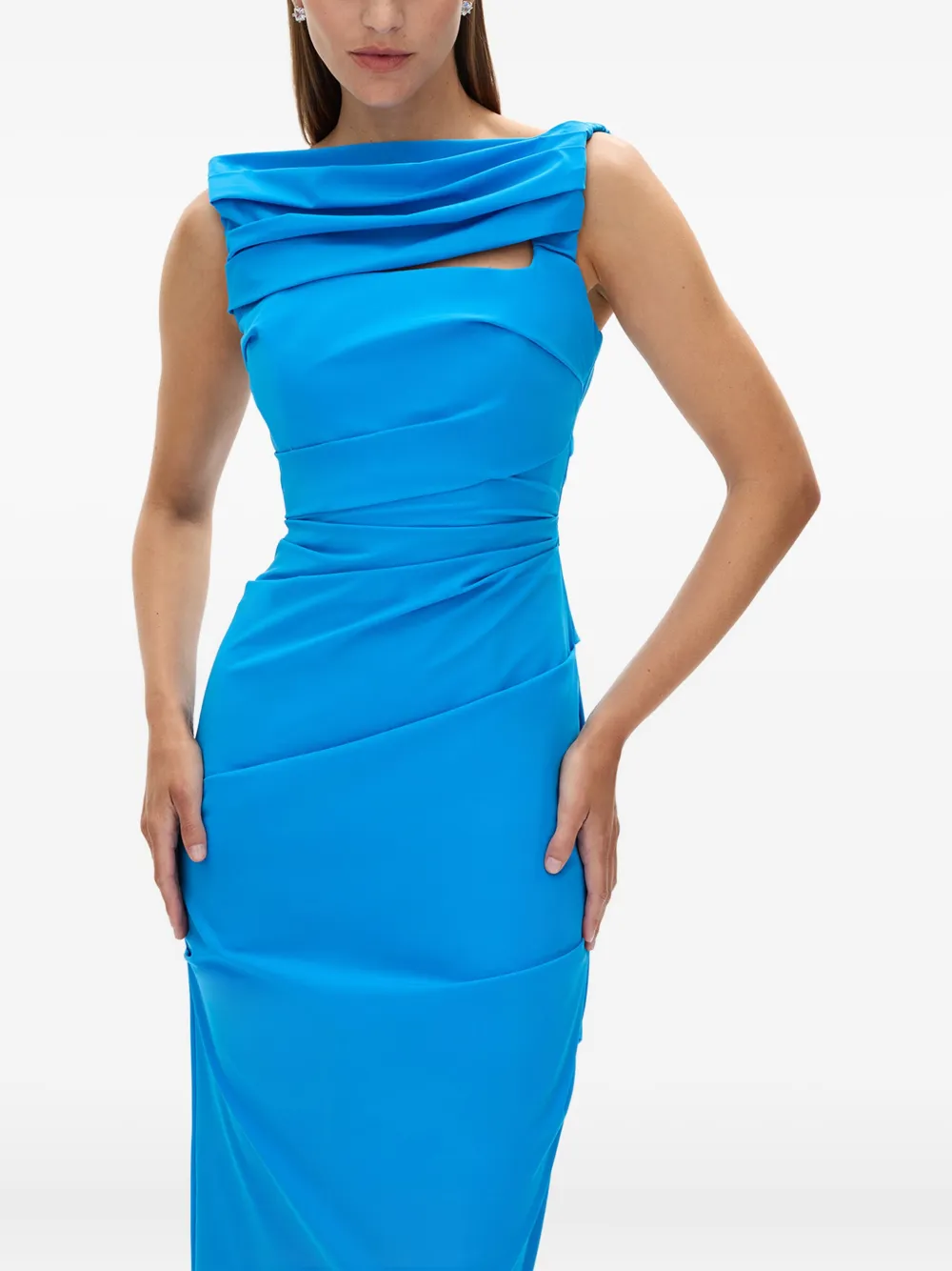 Rachel Gilbert Camille gedrapeerde avondjurk met col Blauw
