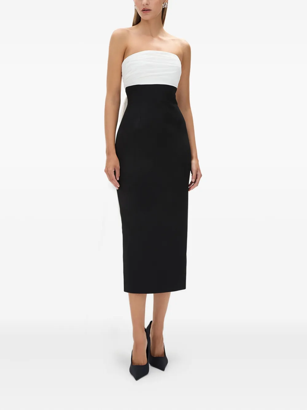 Rachel Gilbert Odette strapless midi-jurk met gedrapeerde achterkant - Zwart