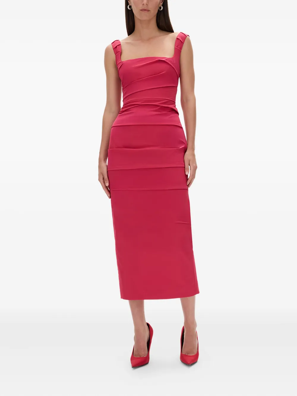 Rachel Gilbert Anna gedrapeerde midi-jurk met vierkante hals - Roze
