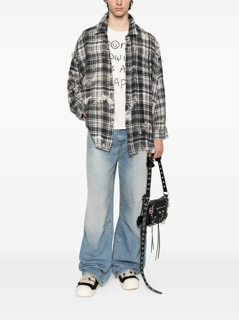 R13 frayed plaid shirt Zwart