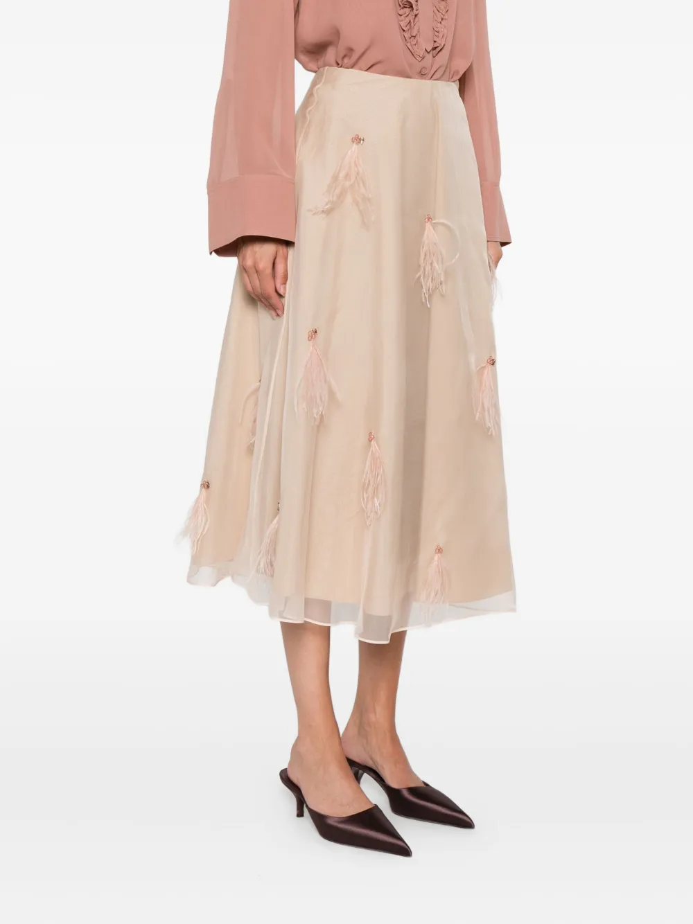 Dorothee Schumacher Tulen rok verfraaid met veren Beige