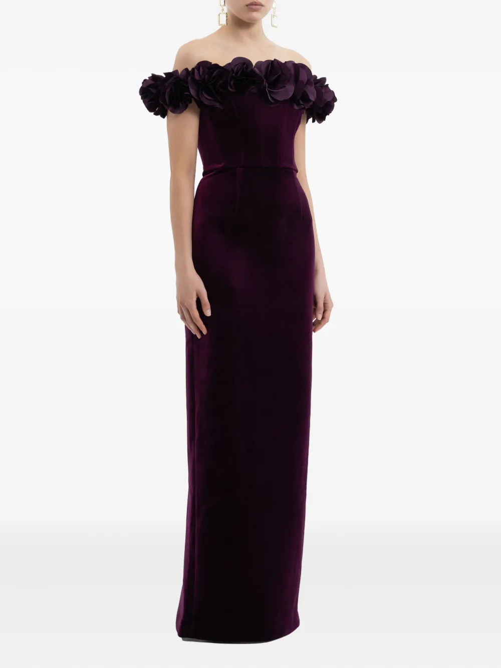 Rebecca Vallance Charles Off-shoulder Velvet Gown In Brown