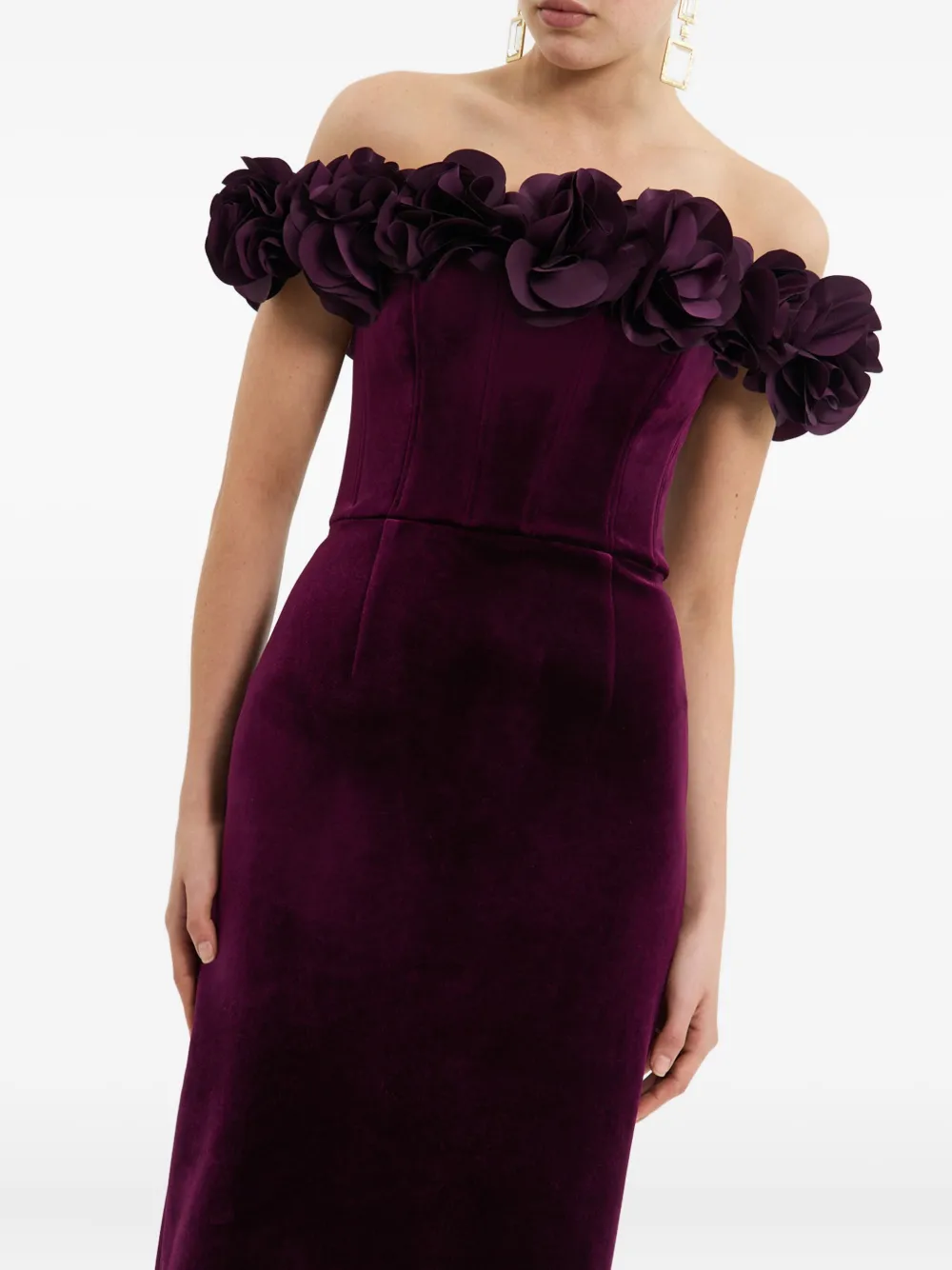 Rebecca Vallance Charles Off-shoulder Velvet Gown In Brown