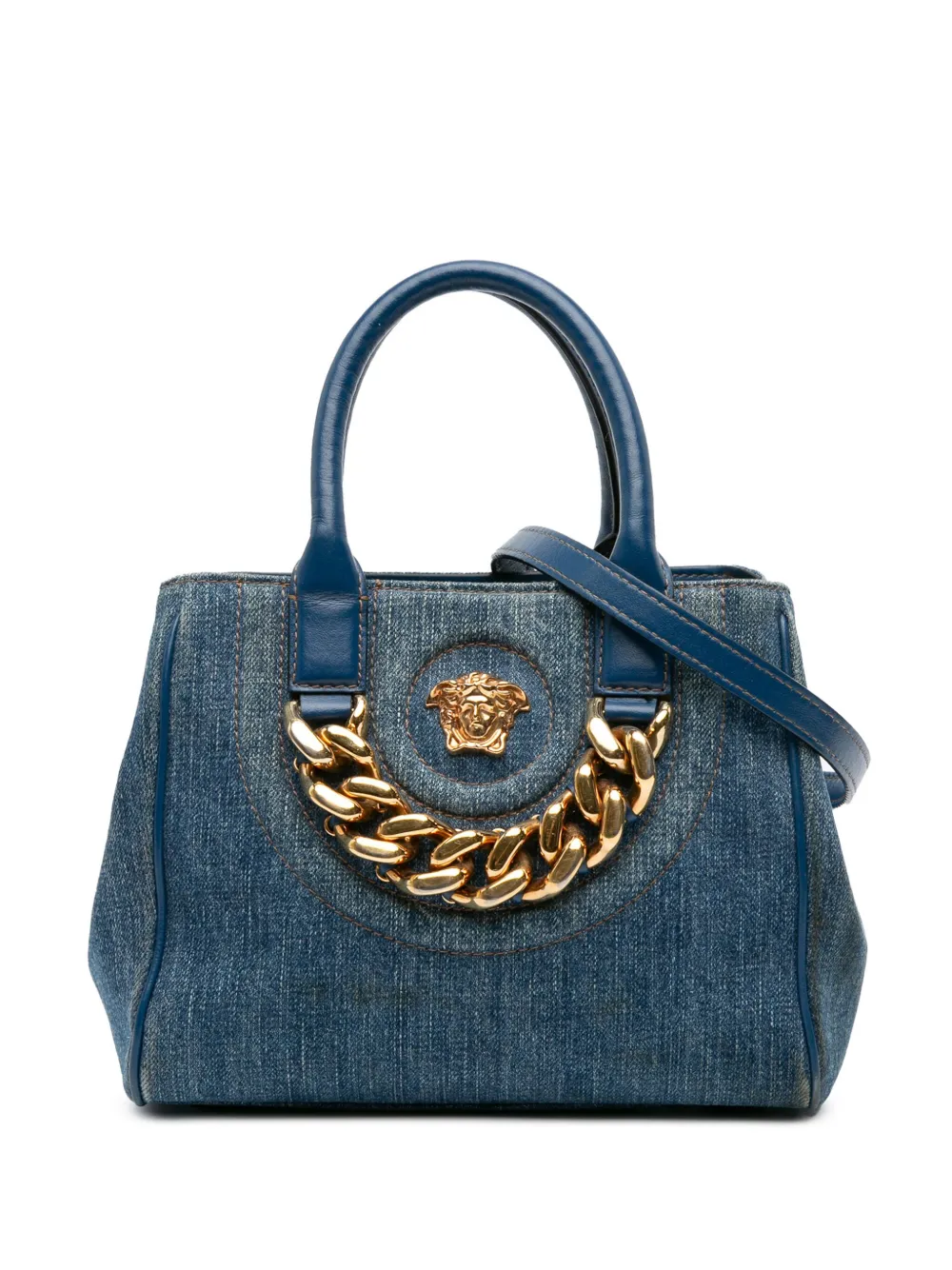 Versace Pre-Owned 2021-2025 Small Denim La Medusa Chain Top Handle Bag Versace Pre-Owned 2021-2025 Small Denim La Medusa Chain Top Handle Bag
