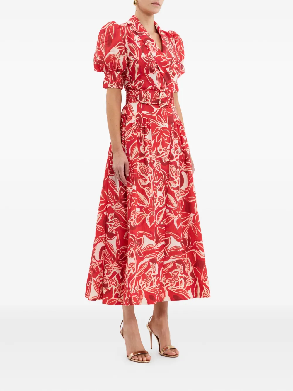 Rebecca Vallance Alloure midi-jurk met pofmouwen en bloemen Rood